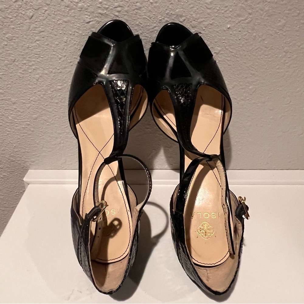 Isola Catalina Black King Suede Snake Print Peep Toe T Strap Heels Size 9.5 - Picture 6 of 13
